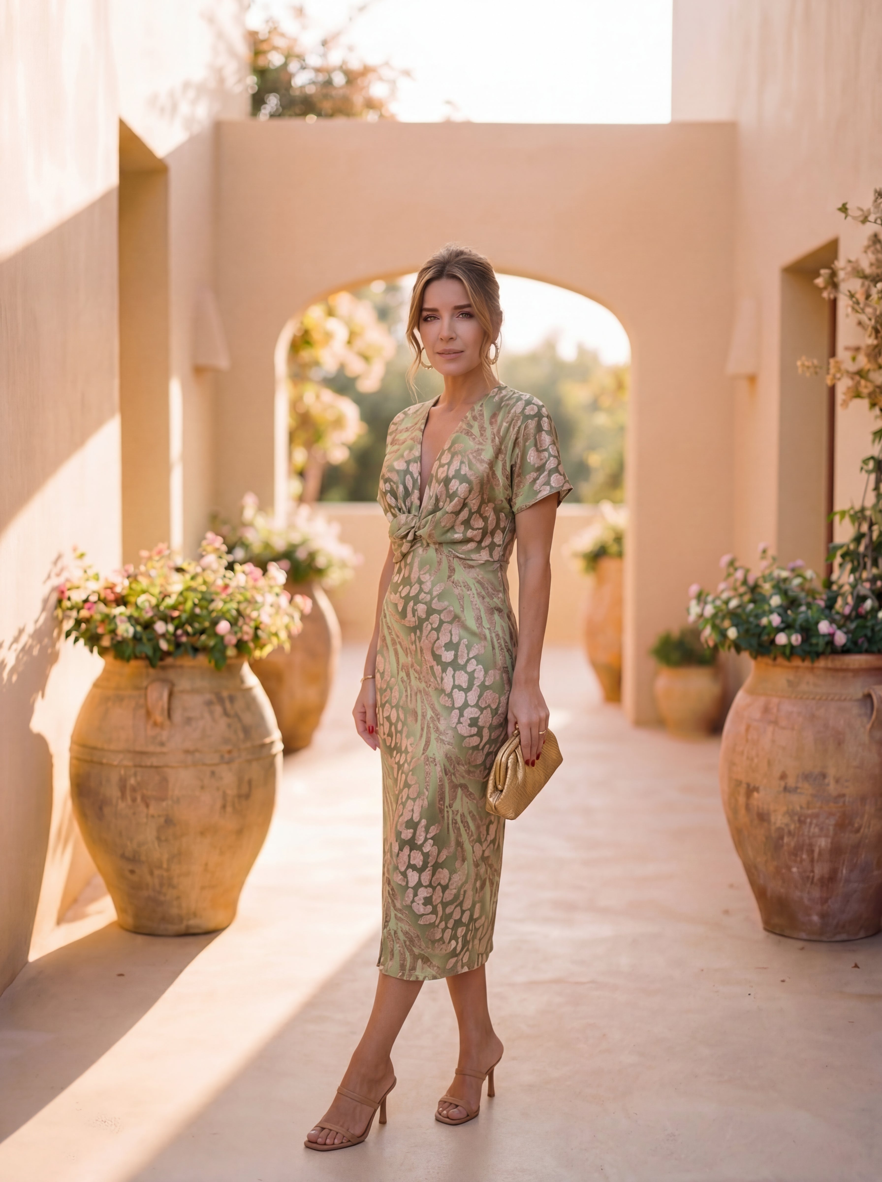 Midi dress with a flattering effect, central knot, and fluid drape