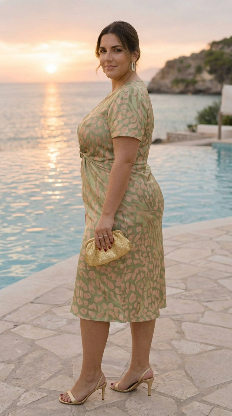 Midi dress with a flattering effect, central knot, and fluid drape