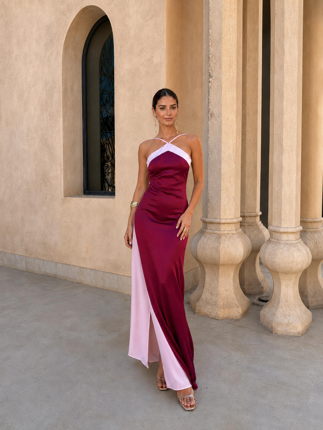 Satin long dress with crossed neckline