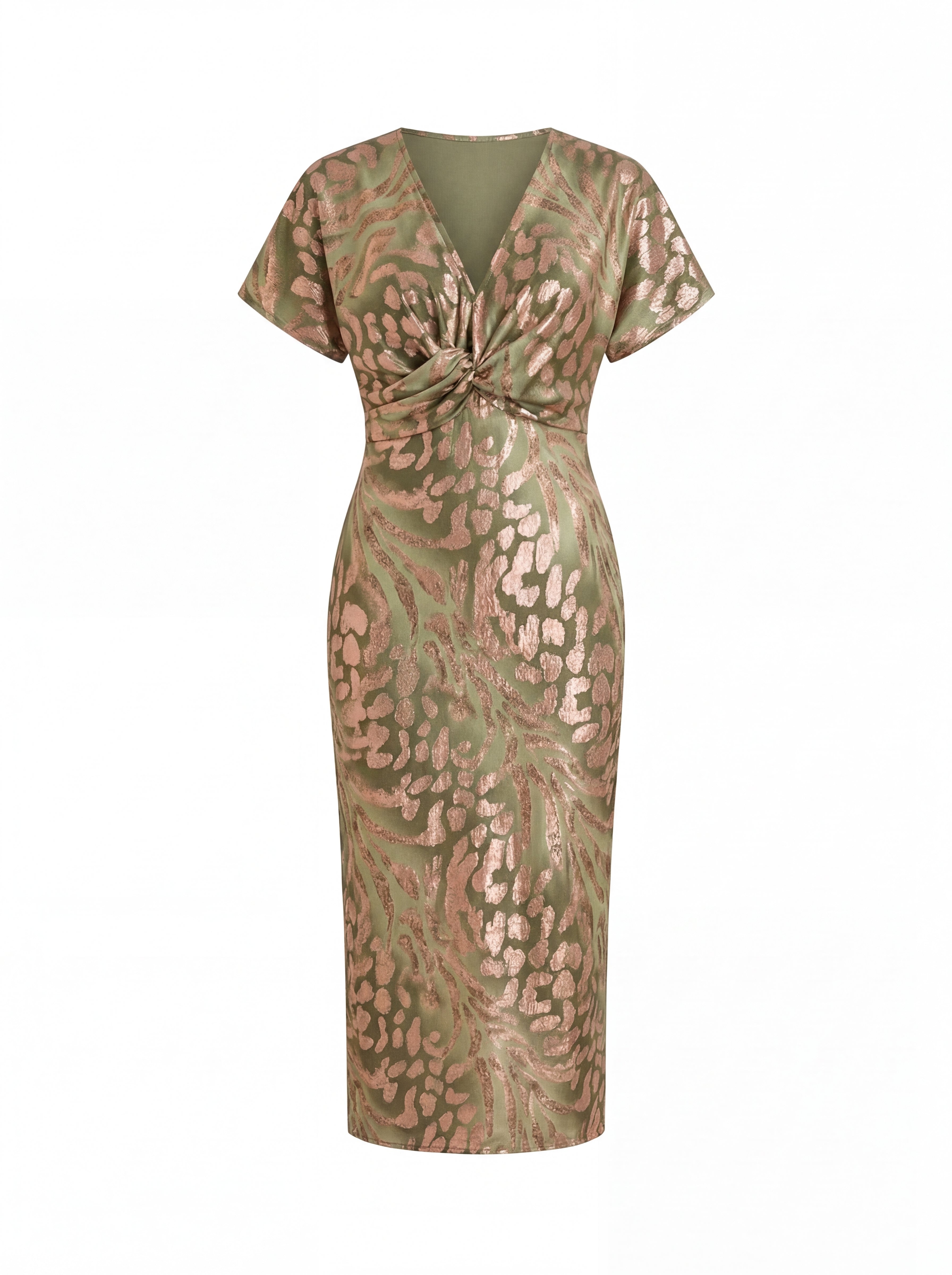 Midi dress with a flattering effect, central knot, and fluid drape