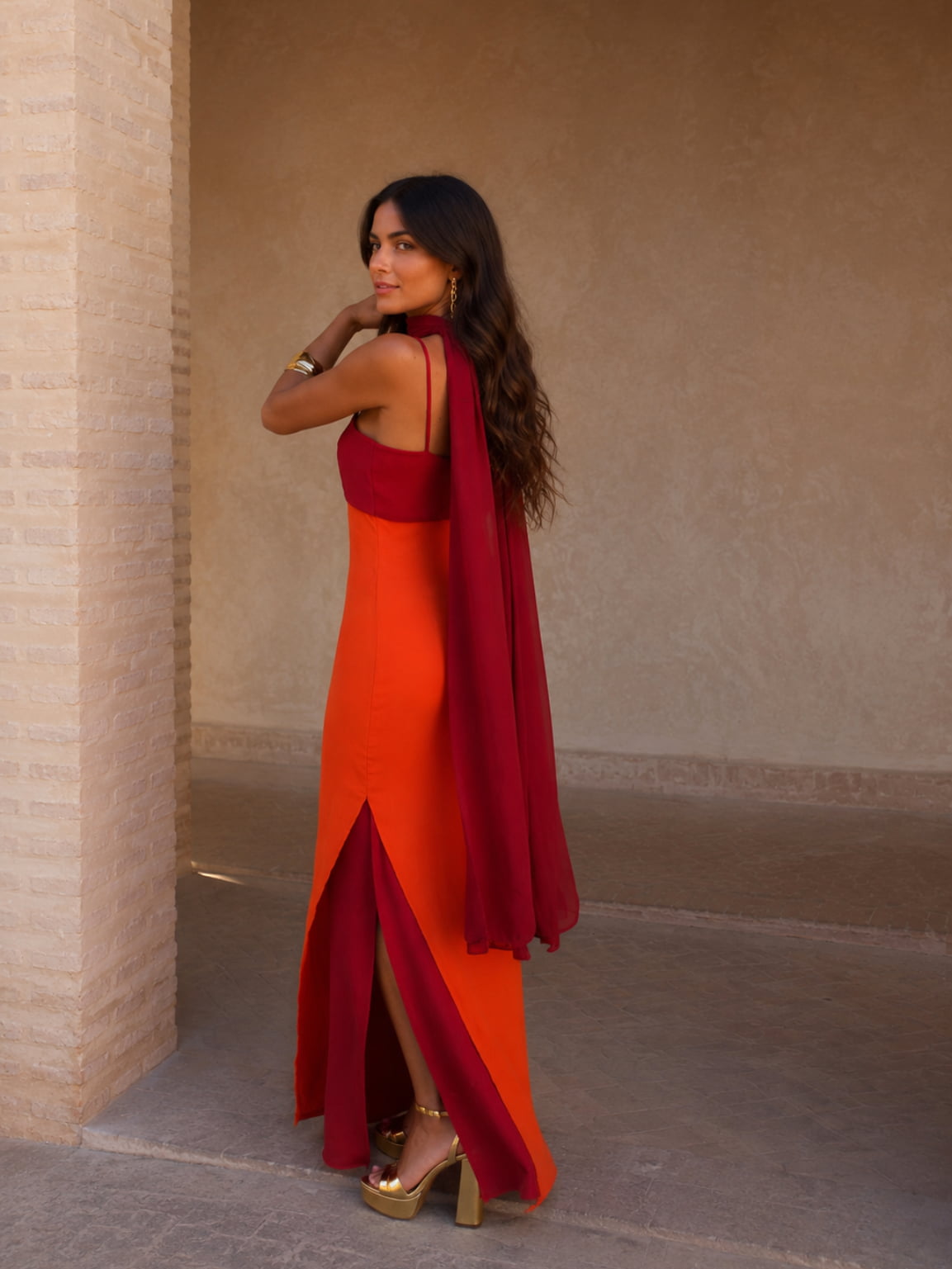 Bicolor Draped Long Dress