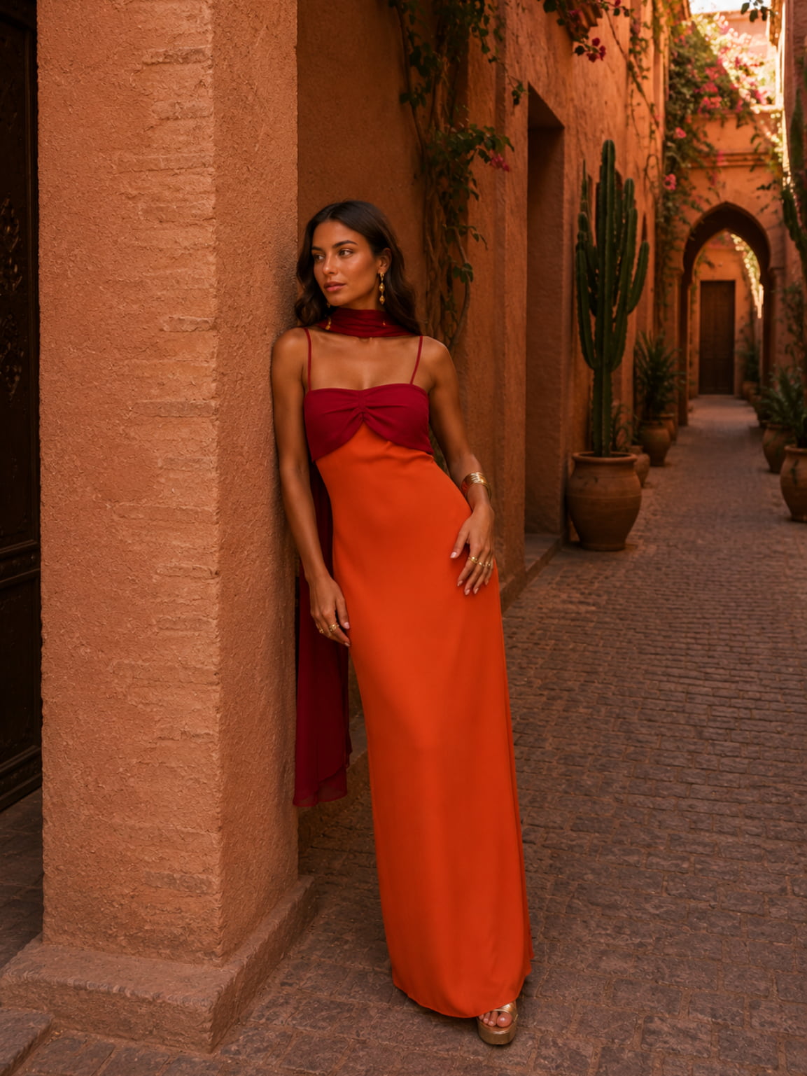 Bicolor Draped Long Dress